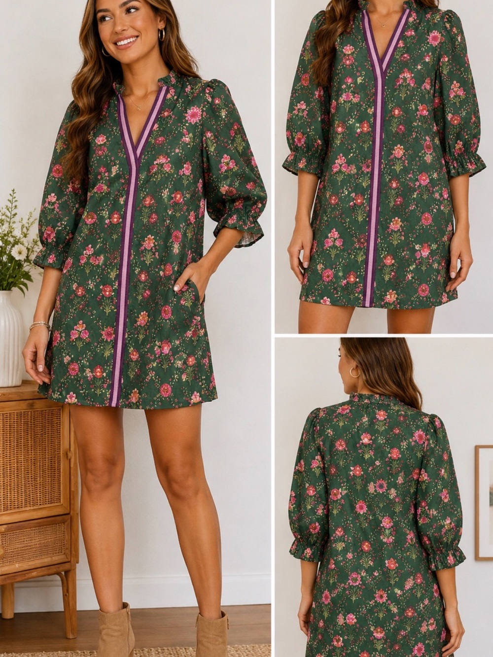 Entro Green Floral Puff Sleeve Tunic Mini Dress Size S cottagecore